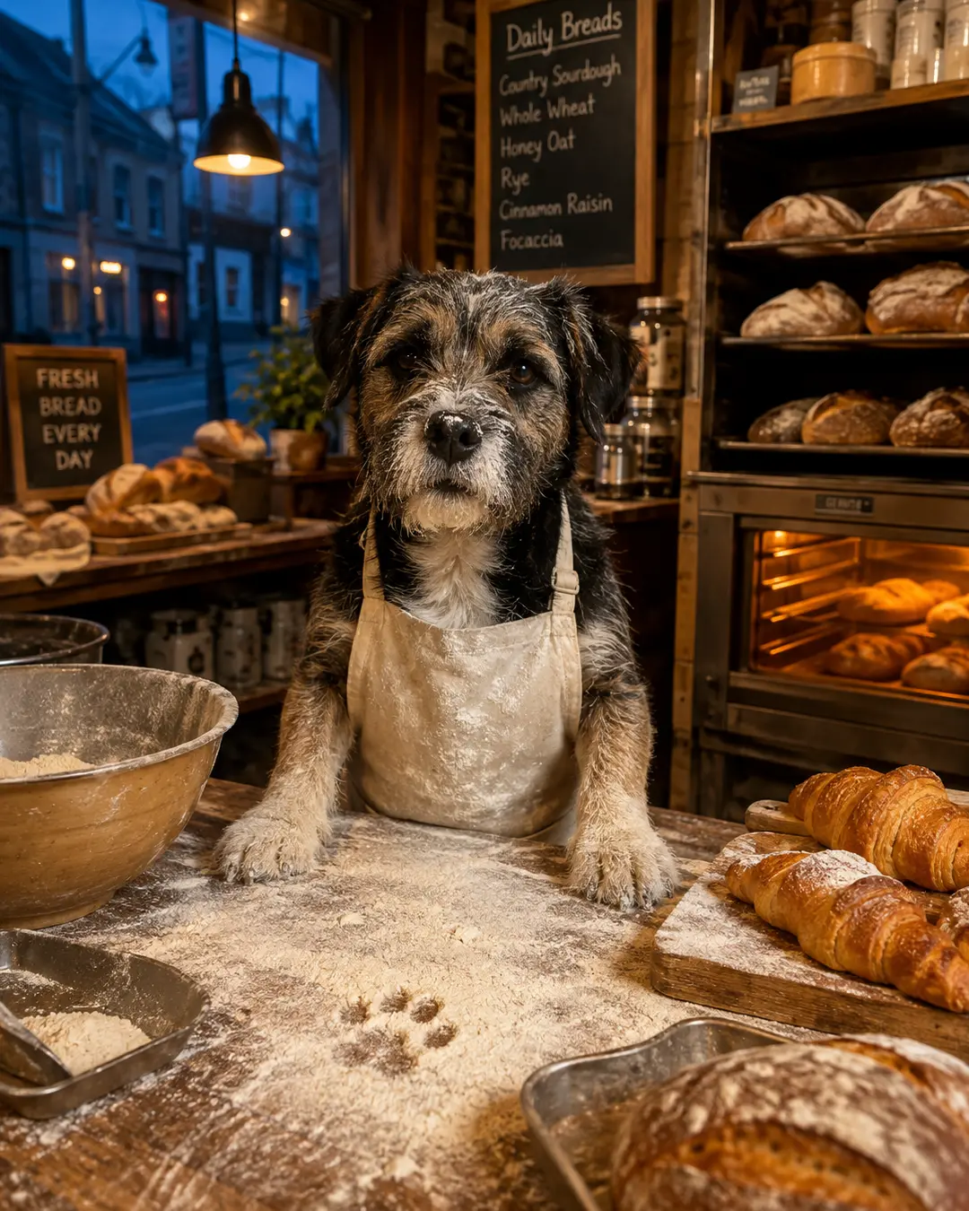 A scruffy dog in a flour-covered apron stands behind a bakery counter surrounded by fresh bread and golden croissants.