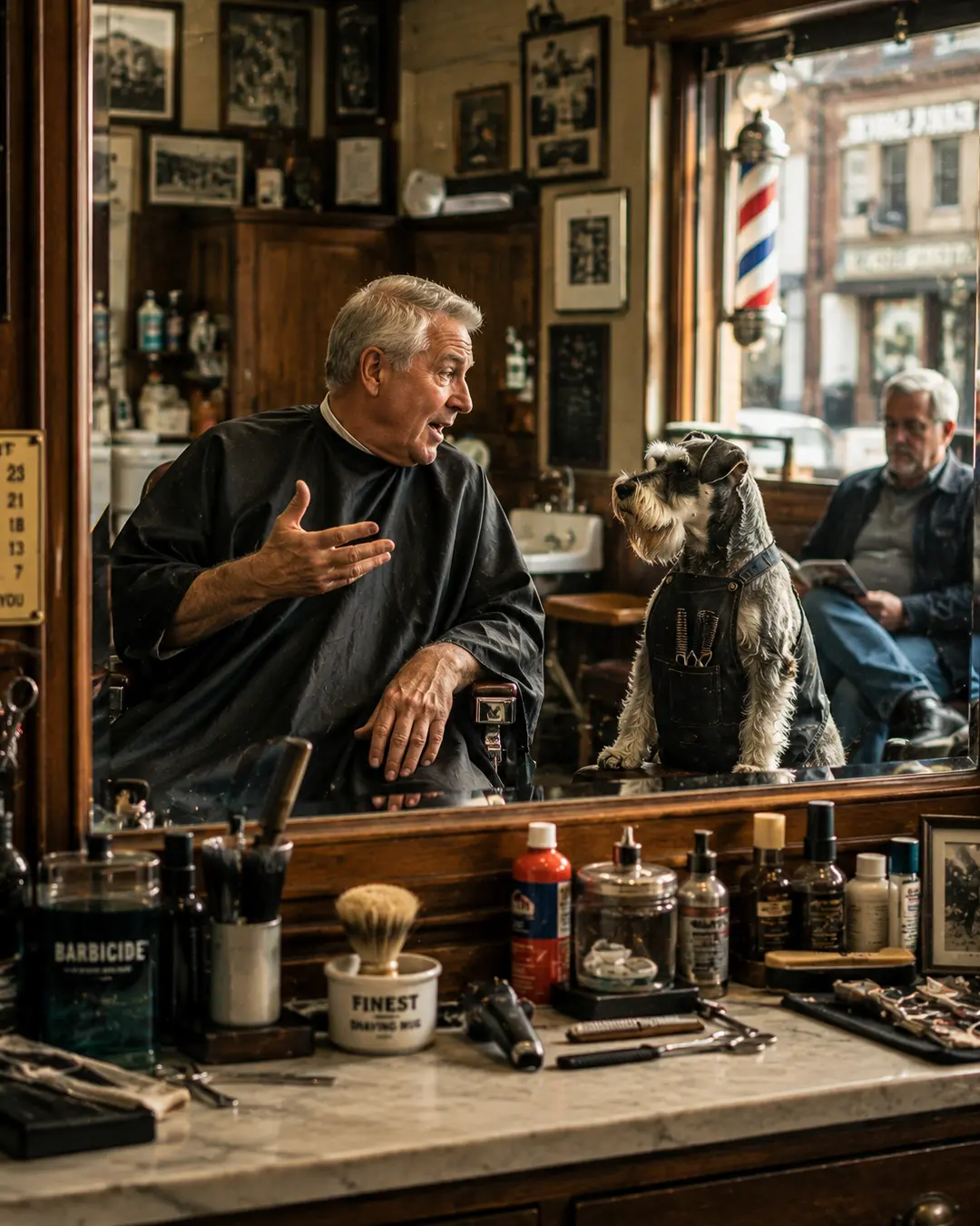 A Miniature Schnauzer barber listens intently to a customer in a classic old-fashioned barbershop filled with traditional grooming tools.
