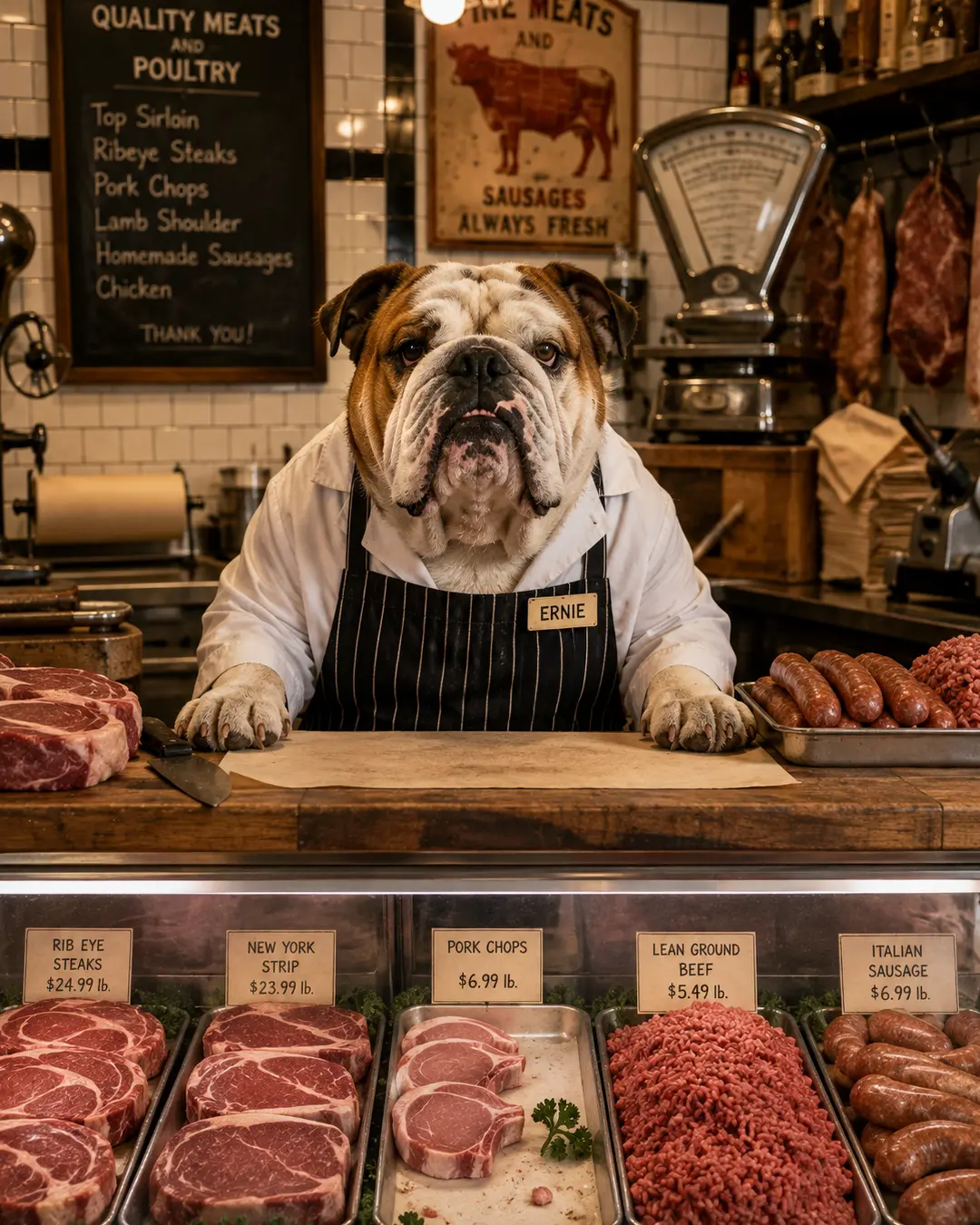An English Bulldog butcher stands behind a vintage meat counter surrounded by steaks, sausages and old-fashioned shop details.