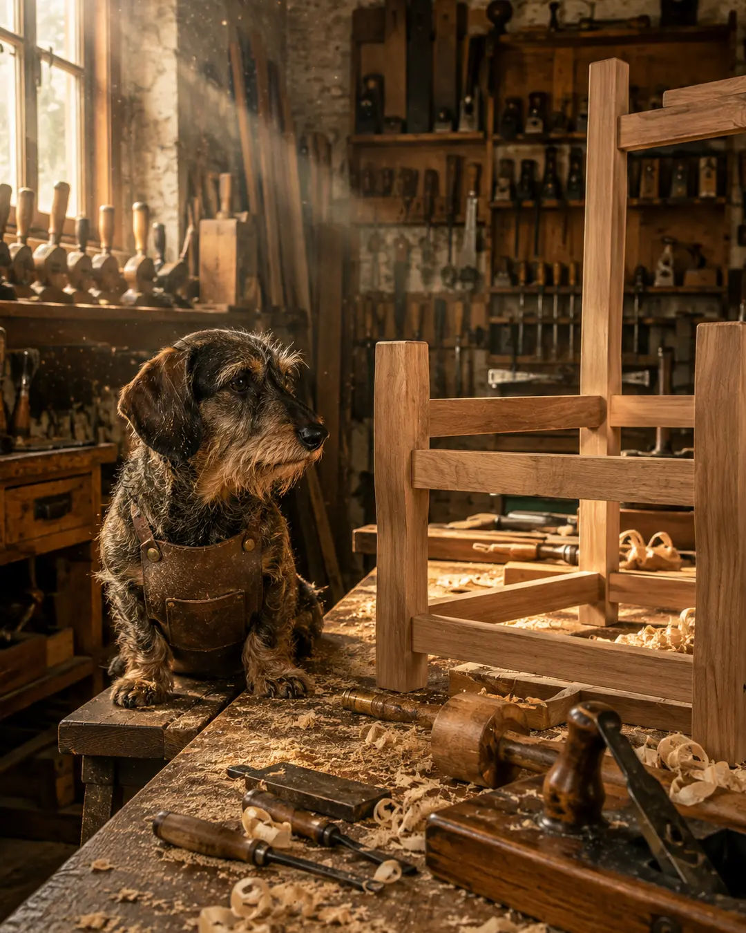 A scruffy Dachshund carpenter in a leather apron sits beside a handcrafted wooden chair in a beautiful workshop filled with traditional tools.