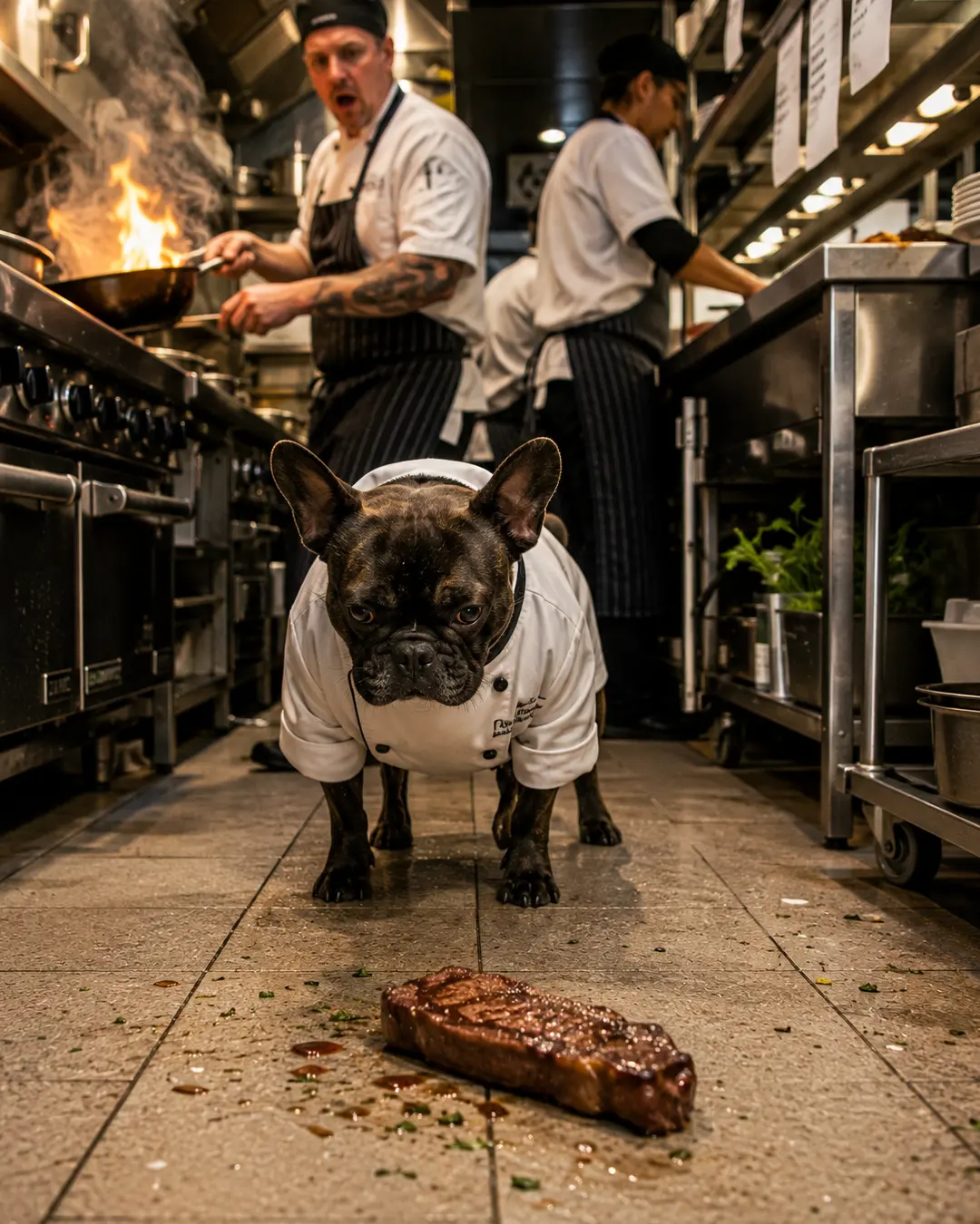 A French Bulldog chef stares down a fallen steak on a busy restaurant kitchen floor while the human cooks scramble behind him.
