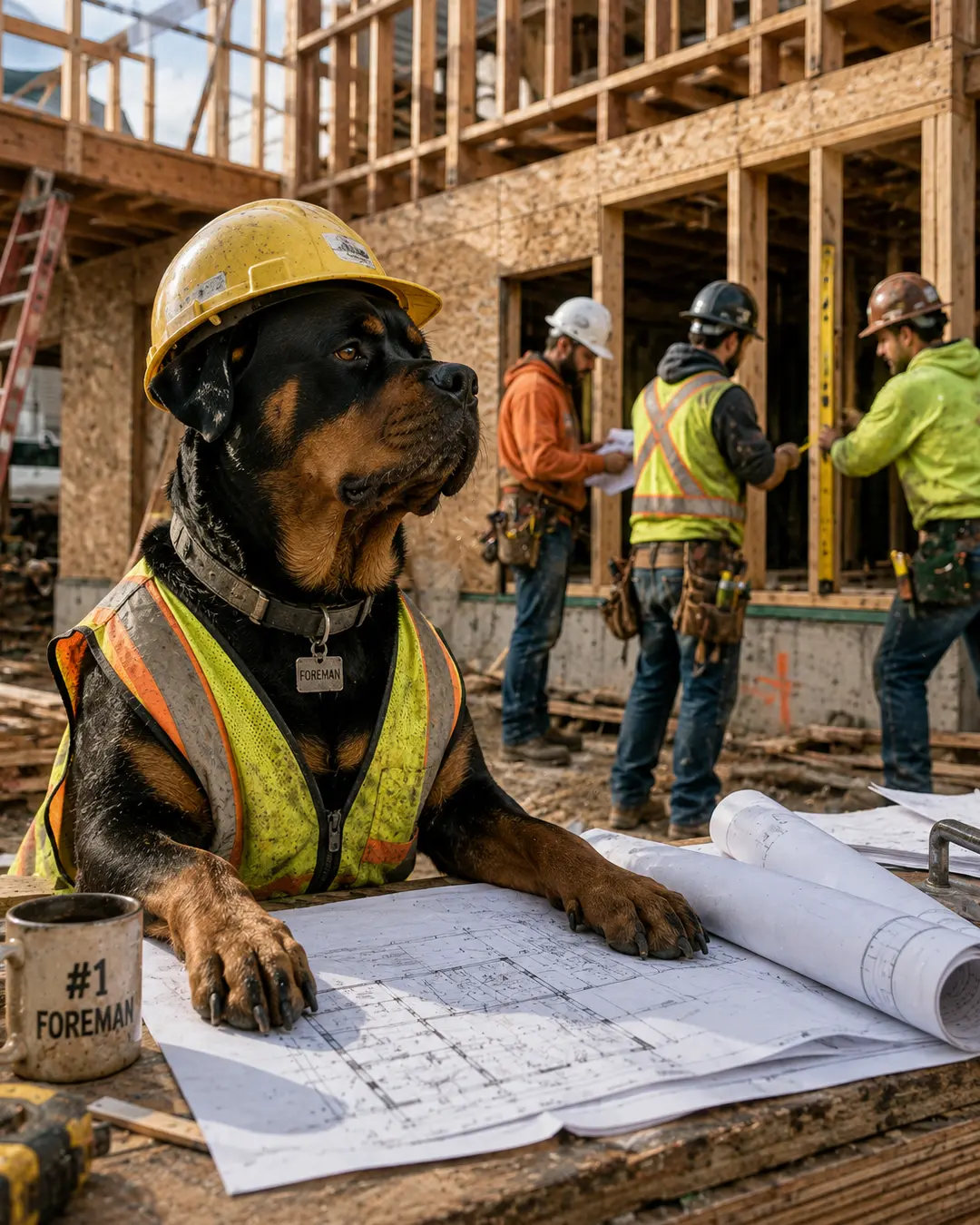 A Rottweiler foreman in a hard hat and safety vest reviews blueprints while a construction crew works on a framed building behind him.