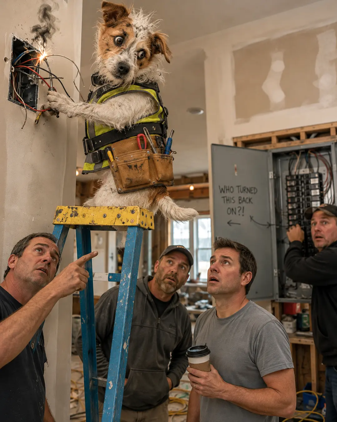 A scruffy electrician dog gets a shocking surprise while working on live wiring as four concerned workers watch from below.