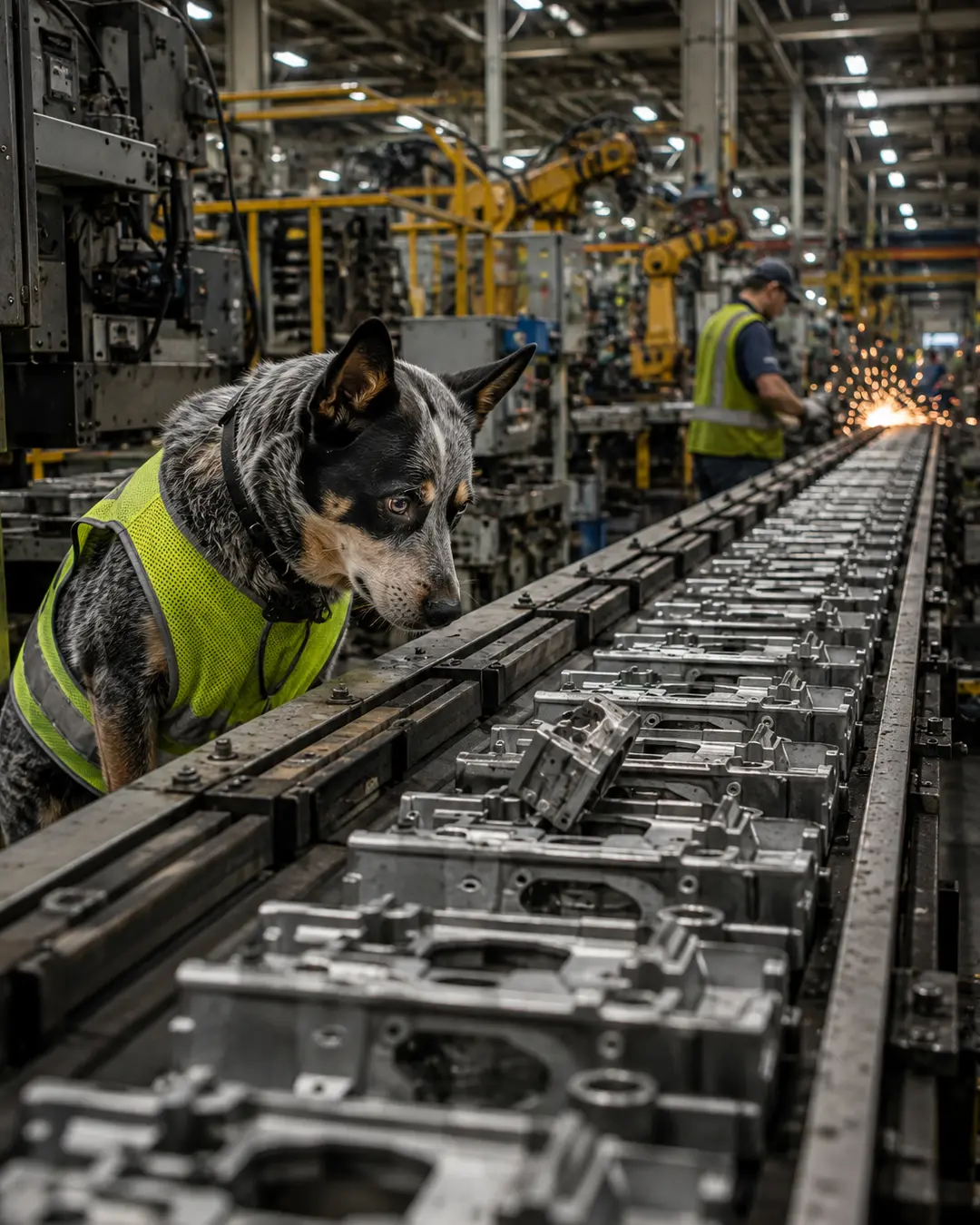 A Blue Heeler factory worker carefully inspects metal components moving down a busy production line surrounded by machinery and robotic equipment.