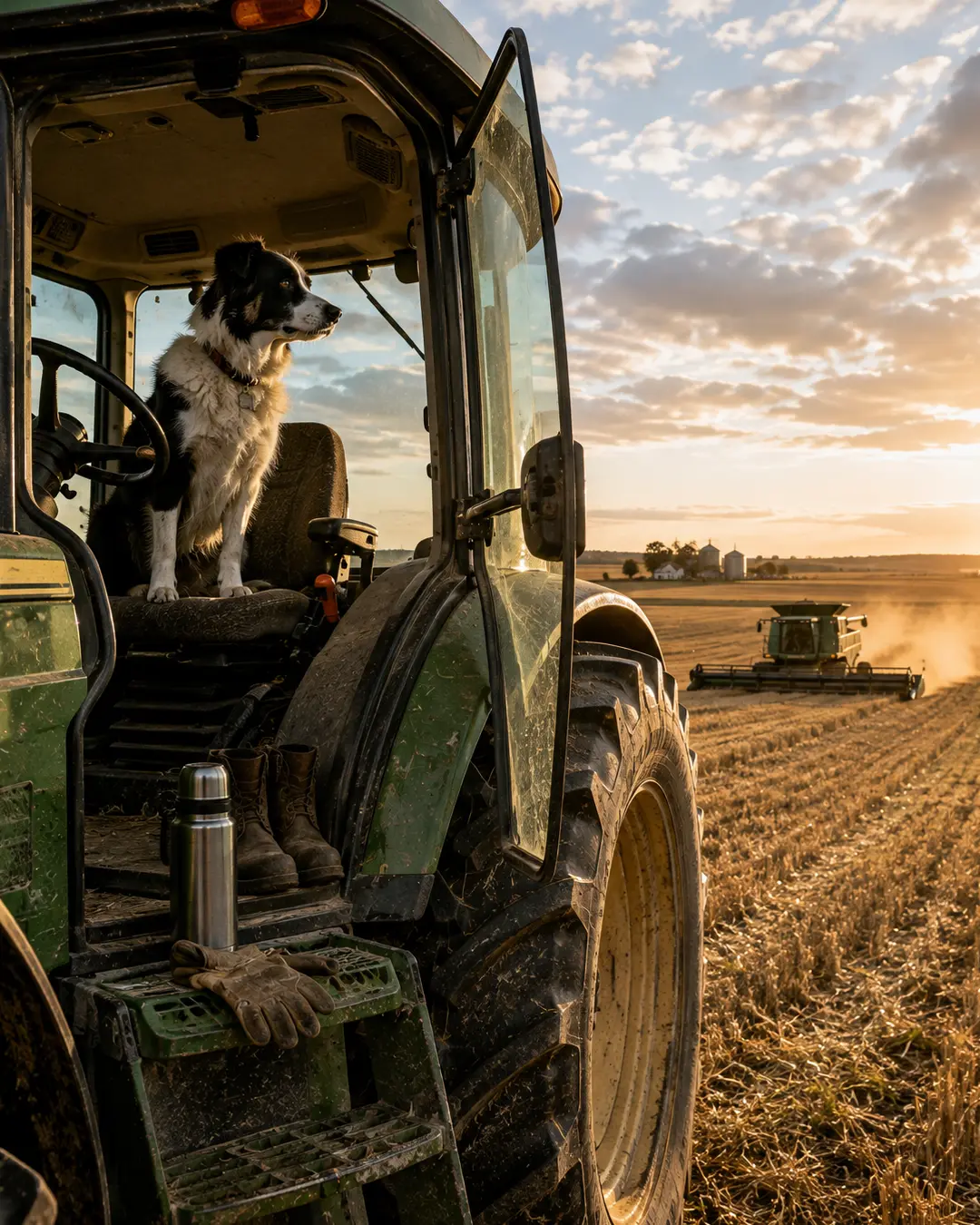 A Border Collie farmer sits in a tractor overlooking a freshly harvested field as a combine works through the crop at sunset.