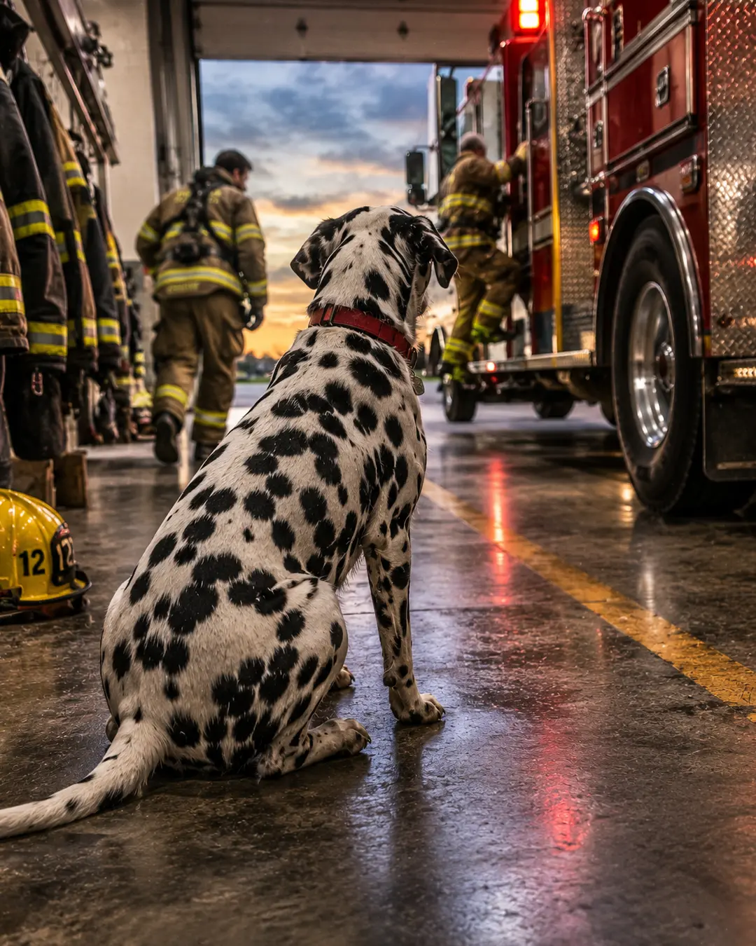 A Dalmatian watches from the fire station as firefighters rush toward a waiting engine at sunset, ready to answer the next call.