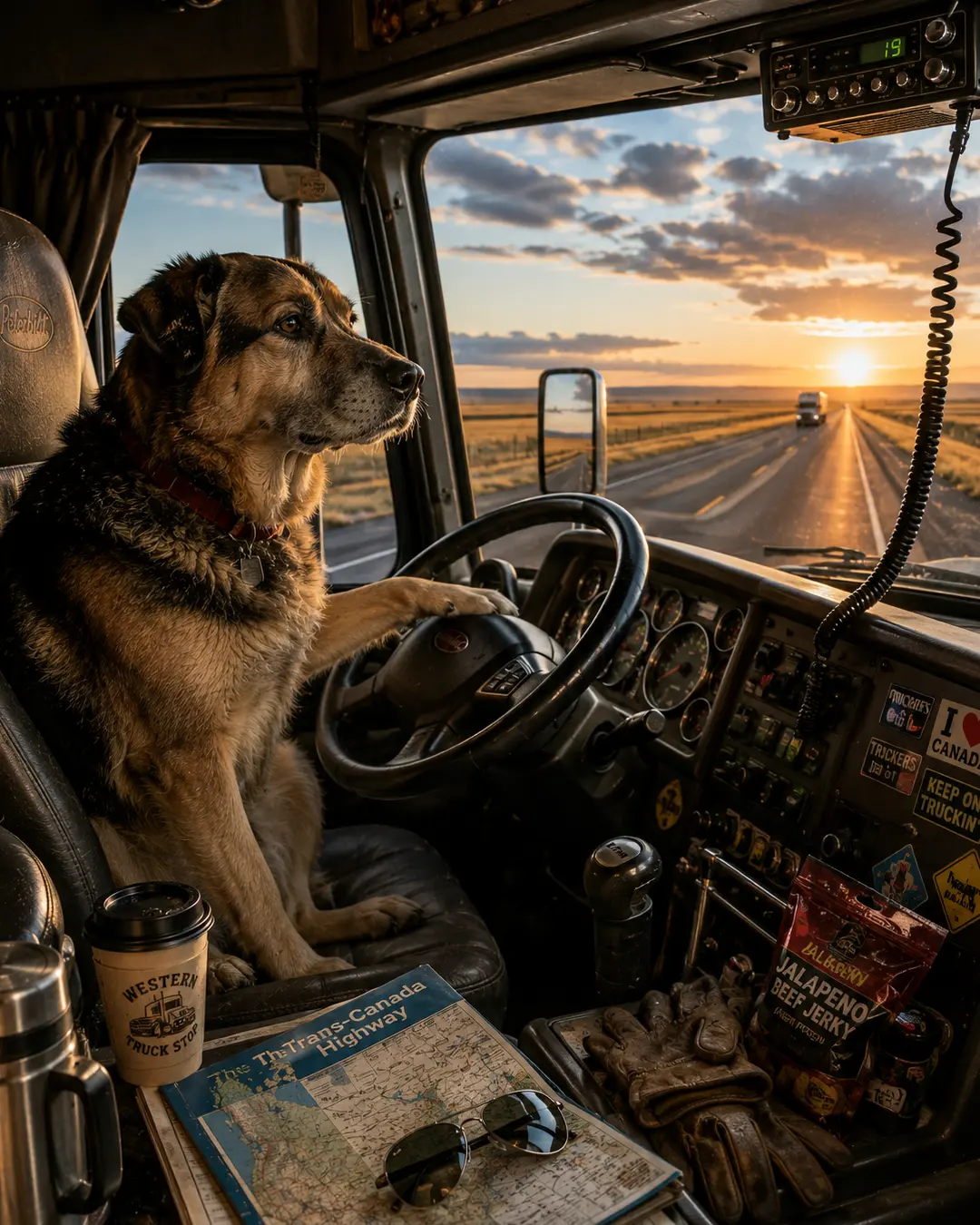A hardworking dog takes the wheel of a big rig, driving down a prairie highway at sunset with coffee, maps and road-trip essentials nearby.