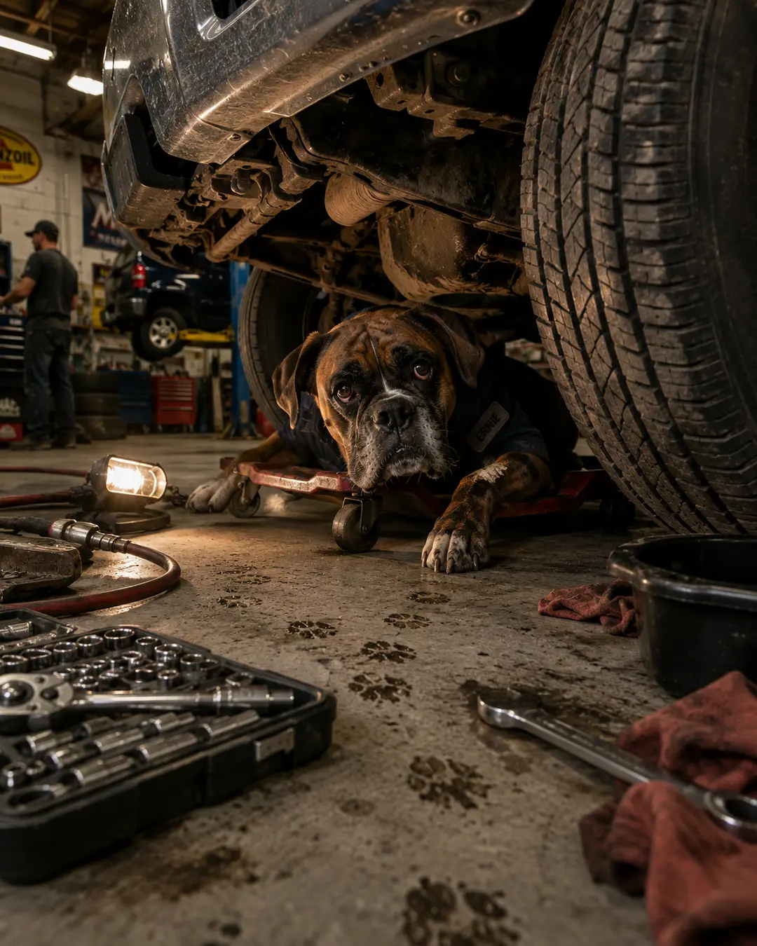 A Boxer mechanic slides beneath a raised truck in a busy garage, surrounded by tools, greasy paw prints and automotive equipment.