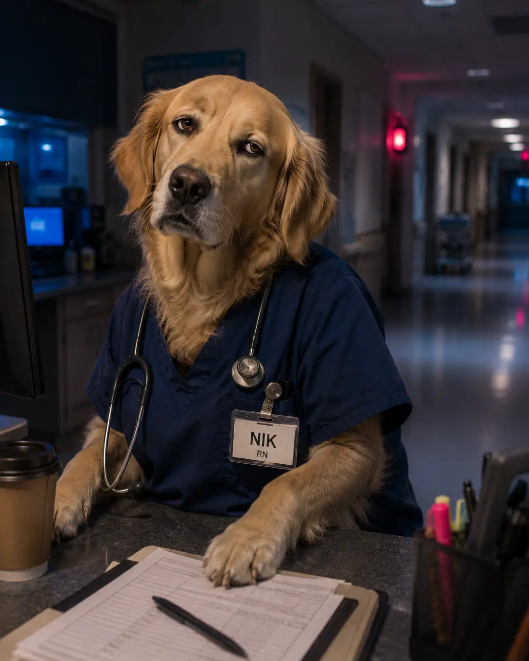 A tired Golden Retriever nurse named Nik works the night shift at a quiet hospital nurses’ station with coffee and charts nearby.