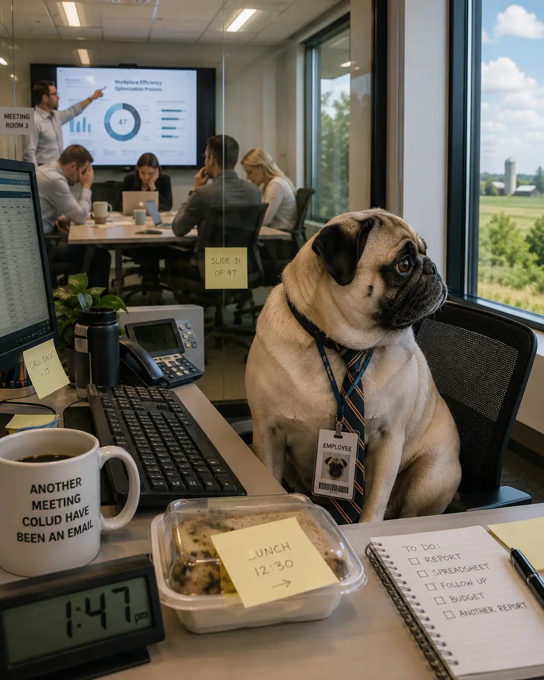 A bored Pug office worker stares out the window while another painfully long meeting drags on in the conference room behind him.