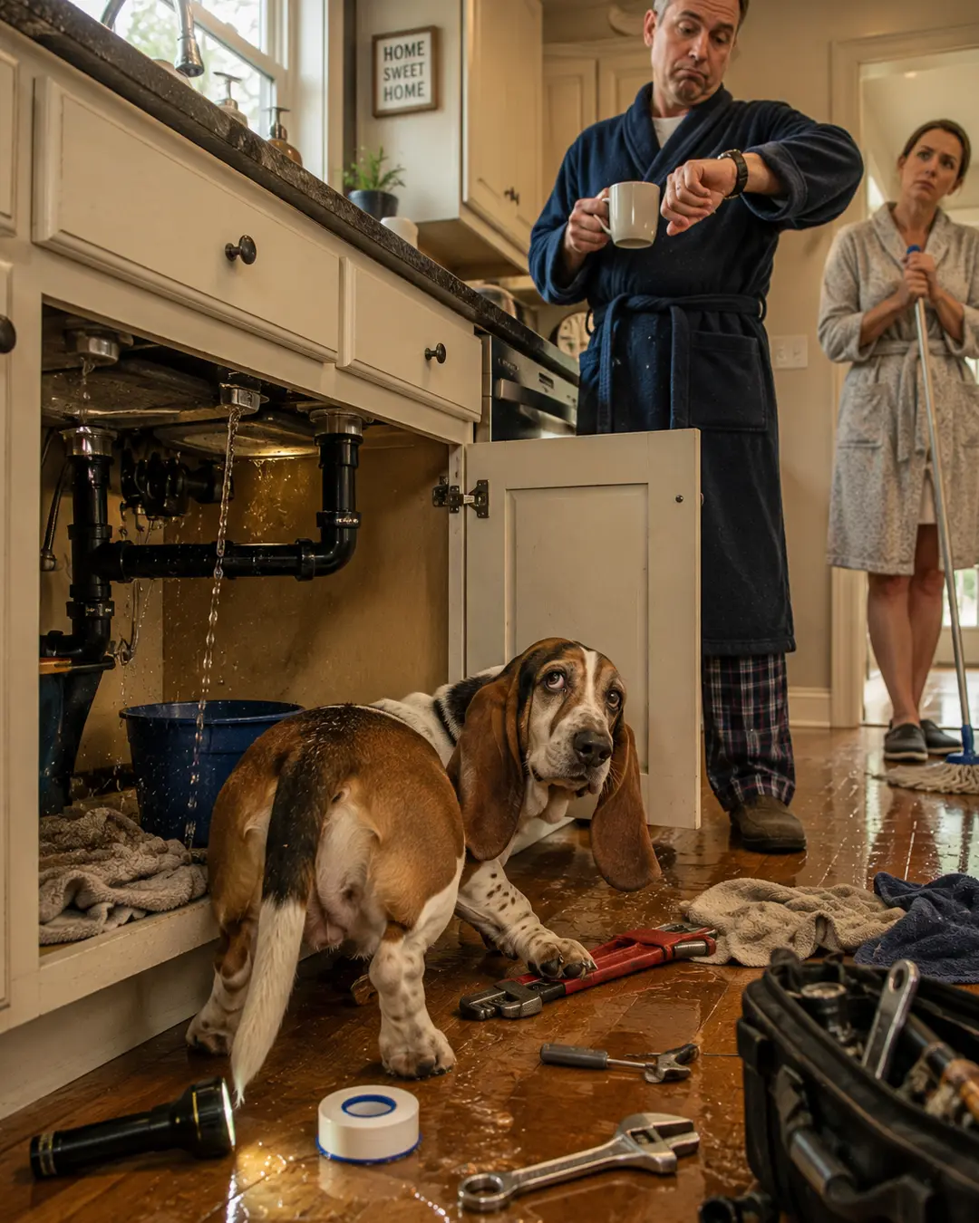 A Basset Hound plumber tackles a leaking kitchen sink while a pajama-clad couple waits impatiently as water spreads across the floor.