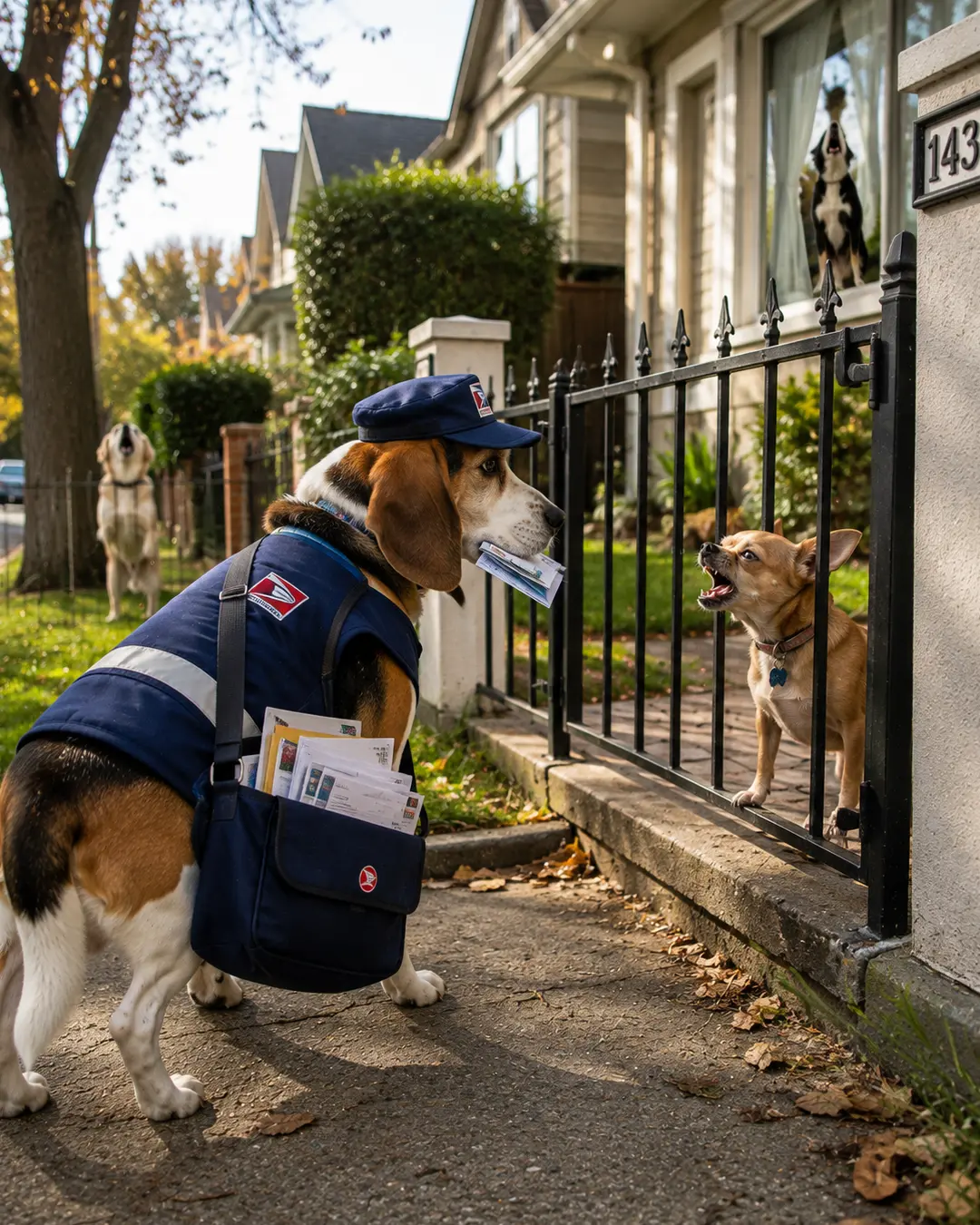 A Beagle mail carrier delivers letters along a quiet neighbourhood street while a tiny Chihuahua fiercely guards the front gate.