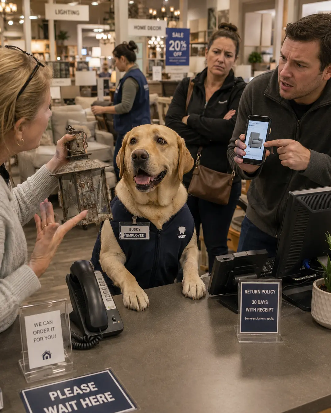 A Labrador retail employee calmly handles a complicated return while frustrated customers argue their case across a busy furniture store counter.