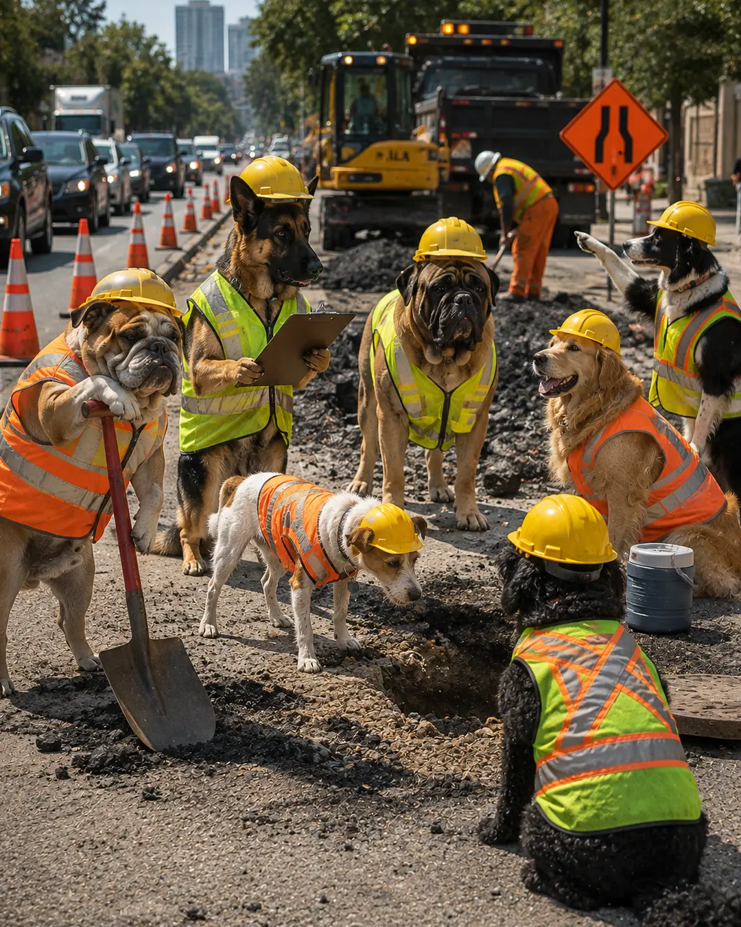 A crew of dogs in hard hats and safety vests tackles a busy road construction project while traffic crawls past the work zone.