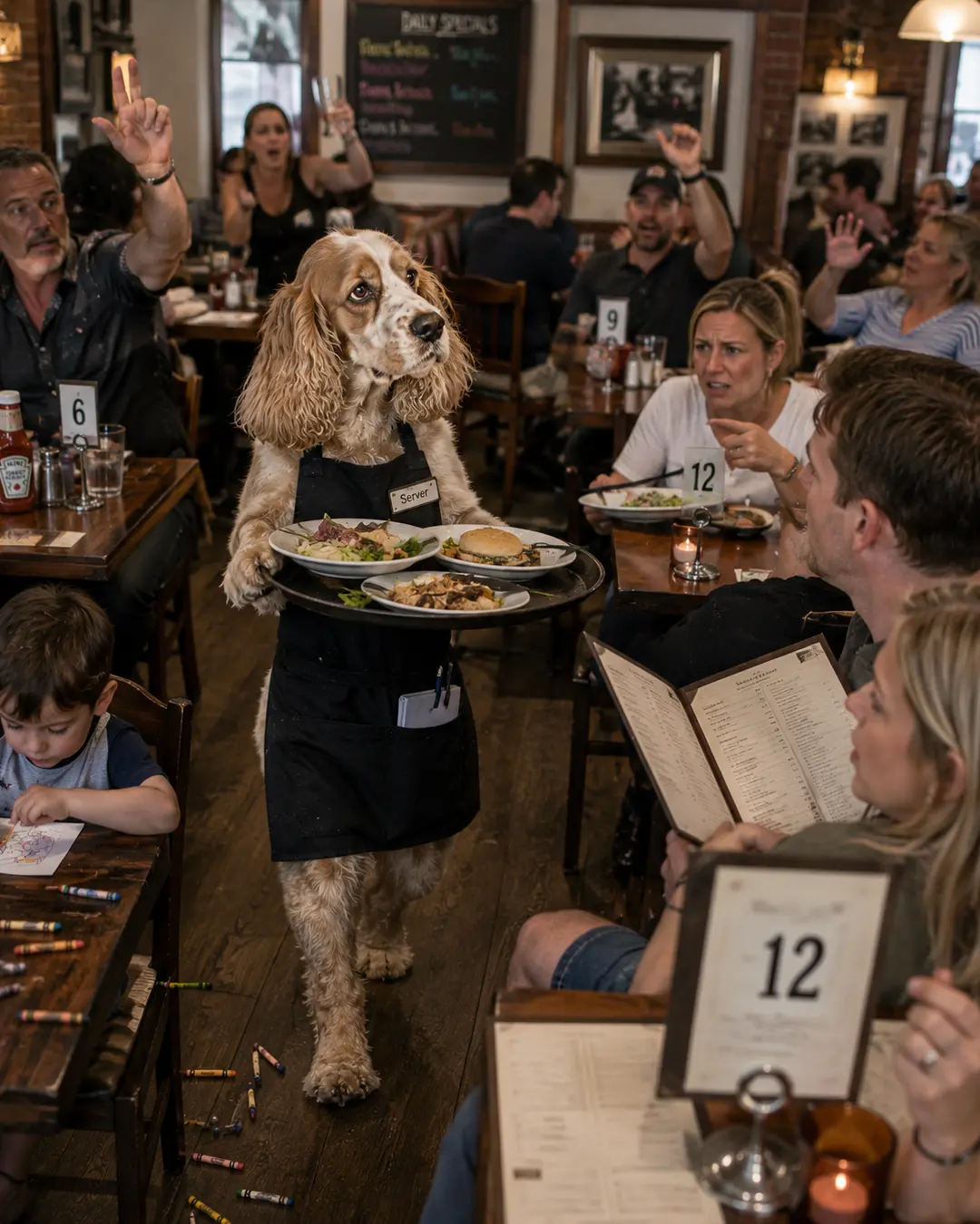A weary Cocker Spaniel server carries a full tray through a packed restaurant as impatient diners compete for her attention.