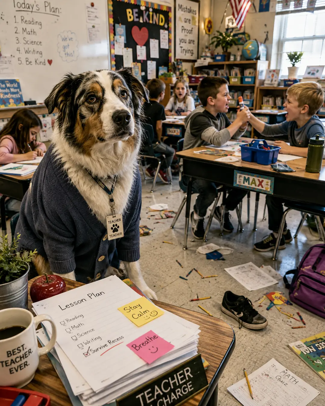 An overwhelmed Australian Shepherd teacher stands in a chaotic classroom as students argue, work and scatter supplies around the room.