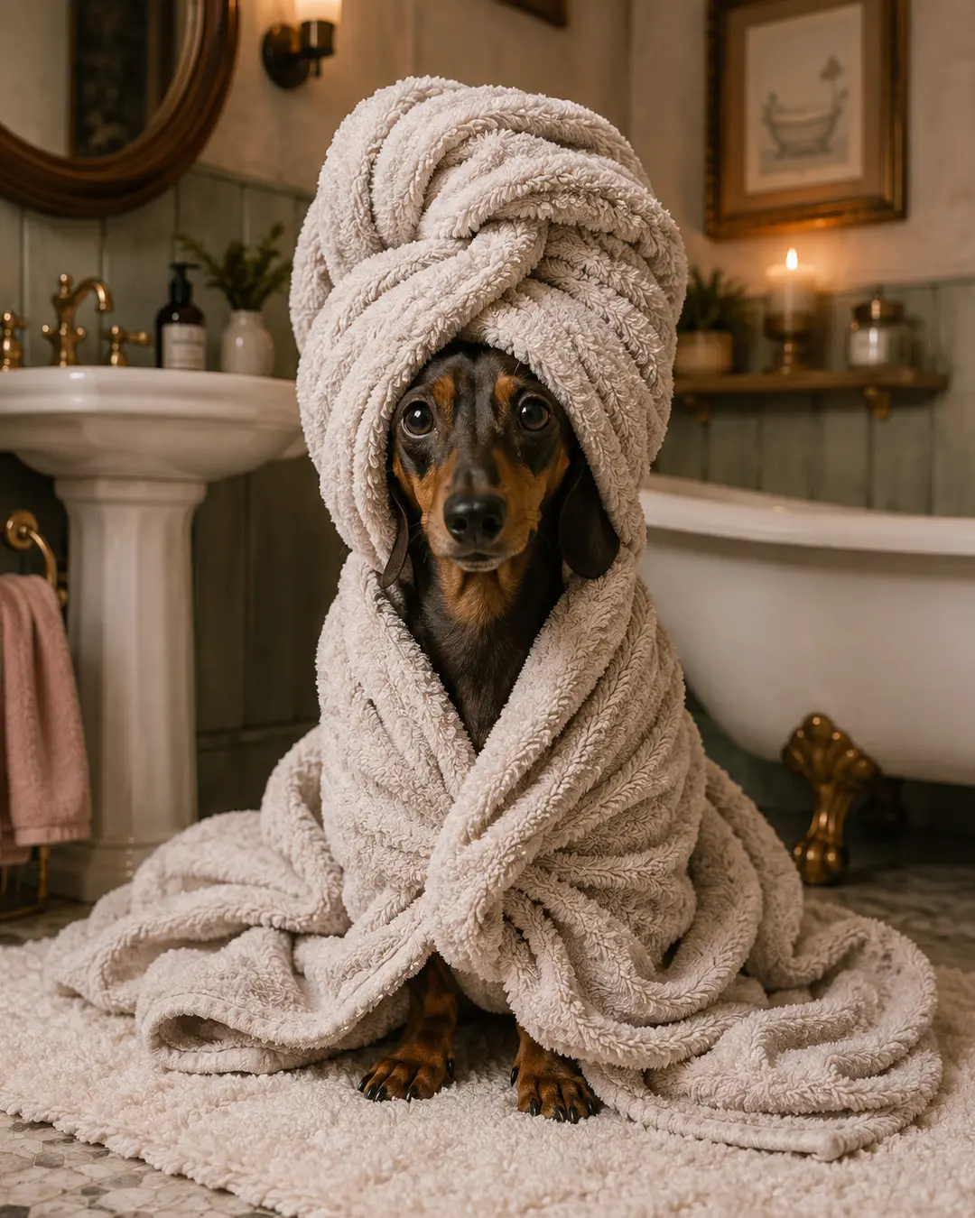 Dachshund wrapped in fluffy towels with a towel turban sits beside a clawfoot tub in a cozy, softly lit vintage bathroom.