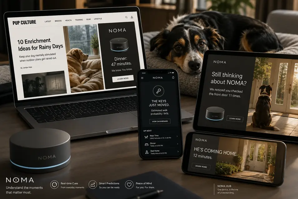 Smart pet-tech ad shows NOMA predicting a dog’s routines across connected devices, from walks and dinner to anticipating when its owner comes home.