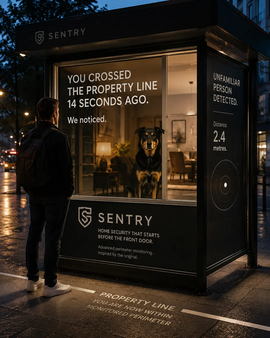 Home security ad compares advanced perimeter monitoring to a vigilant watchdog, detecting an unfamiliar visitor before they reach the door.