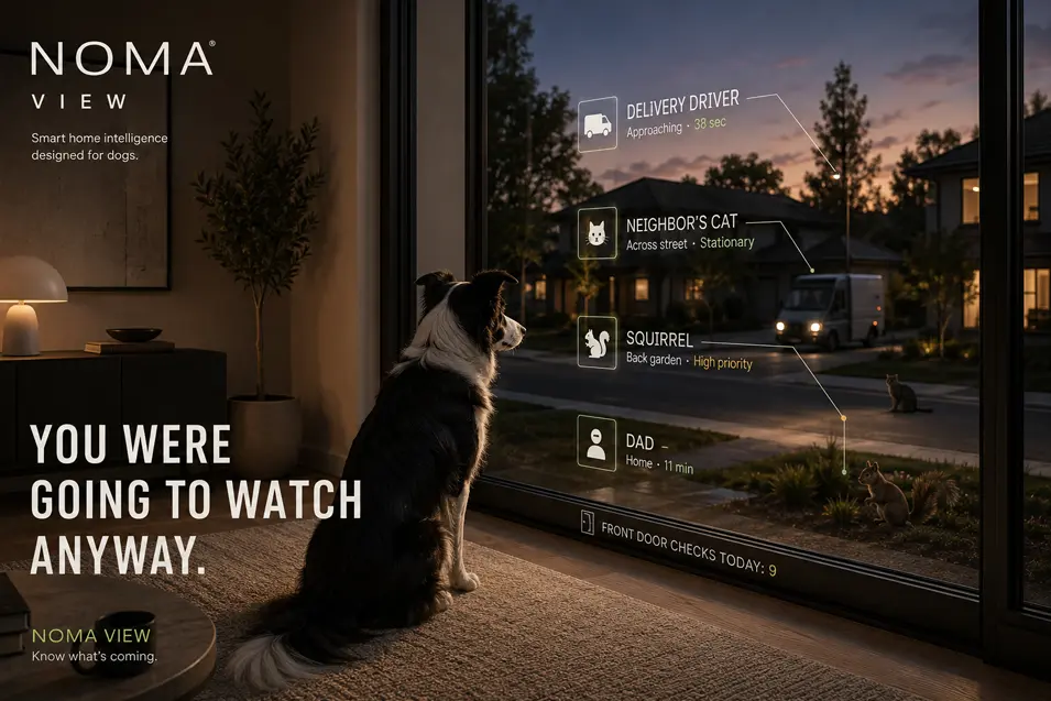 Smart home ad shows a dog monitoring a delivery driver, neighbor’s cat and high-priority squirrel while tracking when its owner will return.
