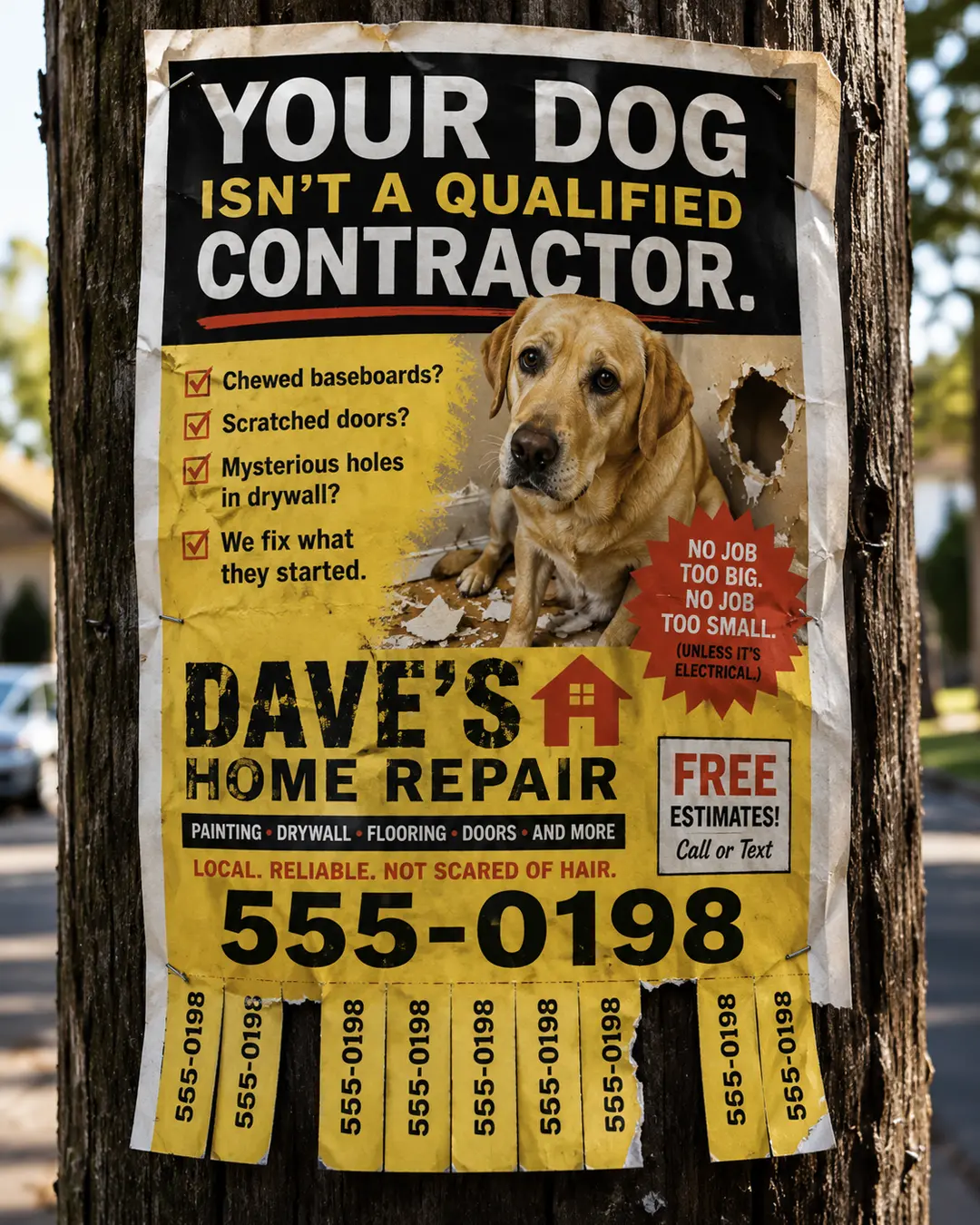 A funny utility-pole ad promotes local home repair for chewed baseboards, scratched doors, and other dog-created household damage.