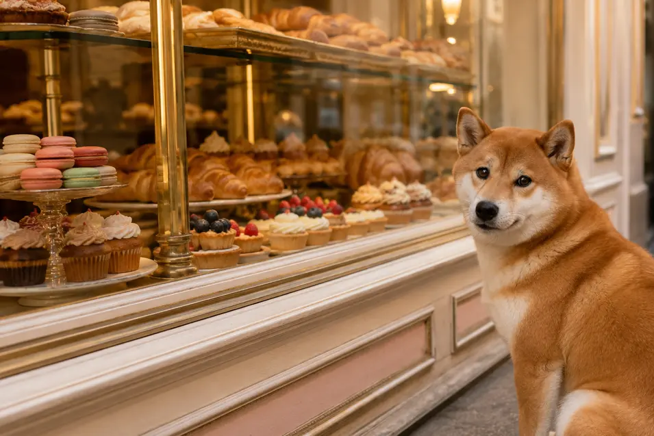 A Shiba Inu sits outside an elegant bakery window filled with colorful macarons, croissants, cupcakes and fruit-topped pastries.