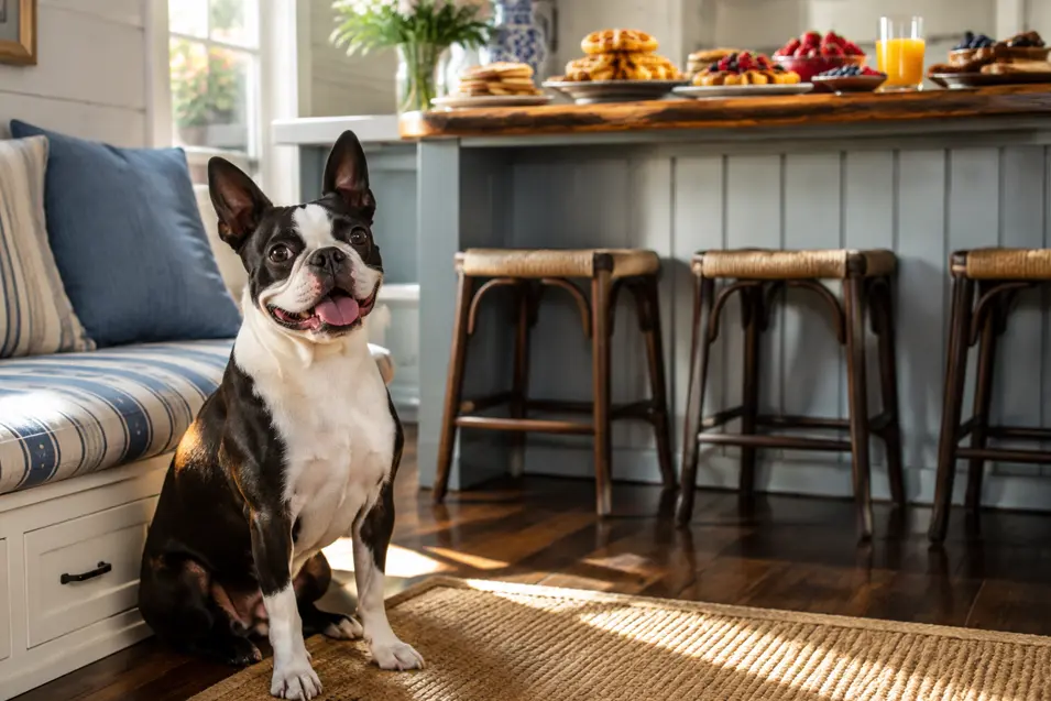 A happy Boston Terrier sits in a sunlit kitchen beside a counter laden with pancakes, waffles, berries, pastries and orange juice.