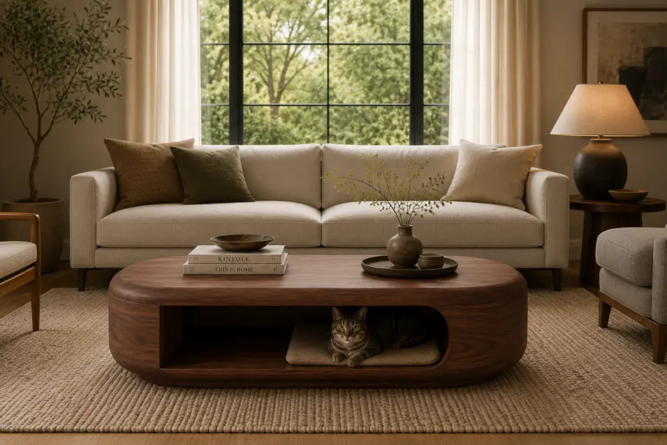 Modern walnut coffee table with a cozy built-in cat nook, blending seamlessly into a warm, elegant living room with minimalist contemporary style.