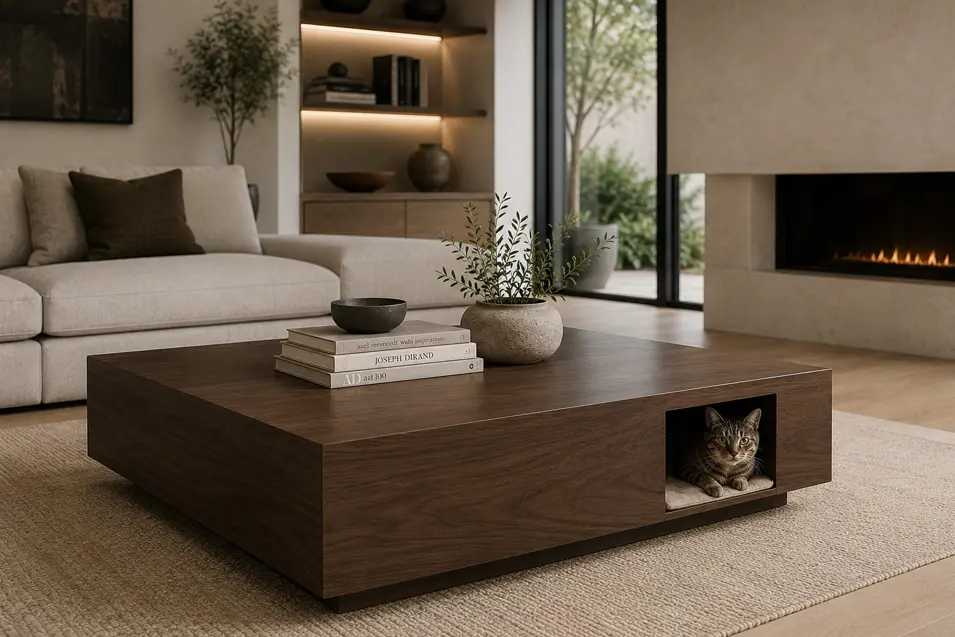 Minimalist walnut coffee table with a hidden cat cubby, blending clean contemporary design and pet-friendly functionality in a warm, modern living room.