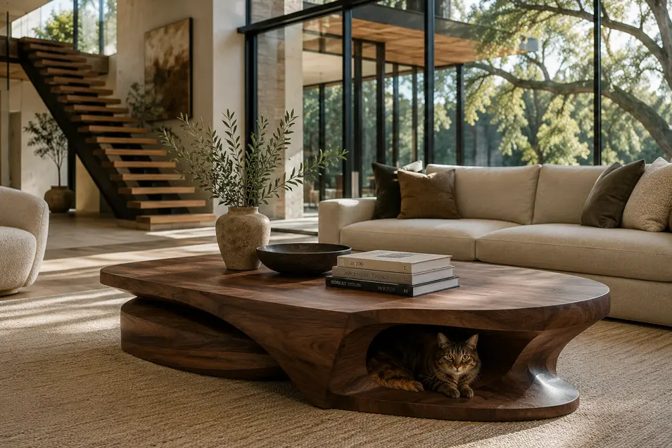 Organic sculptural walnut coffee table with an integrated cat hideaway, blending flowing contemporary design and luxury craftsmanship in a stunning modern living room.