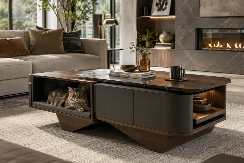 Luxury modern coffee table with a built-in cat lounge, combining walnut, stone, hidden storage, and contemporary design for stylish pet-friendly living.