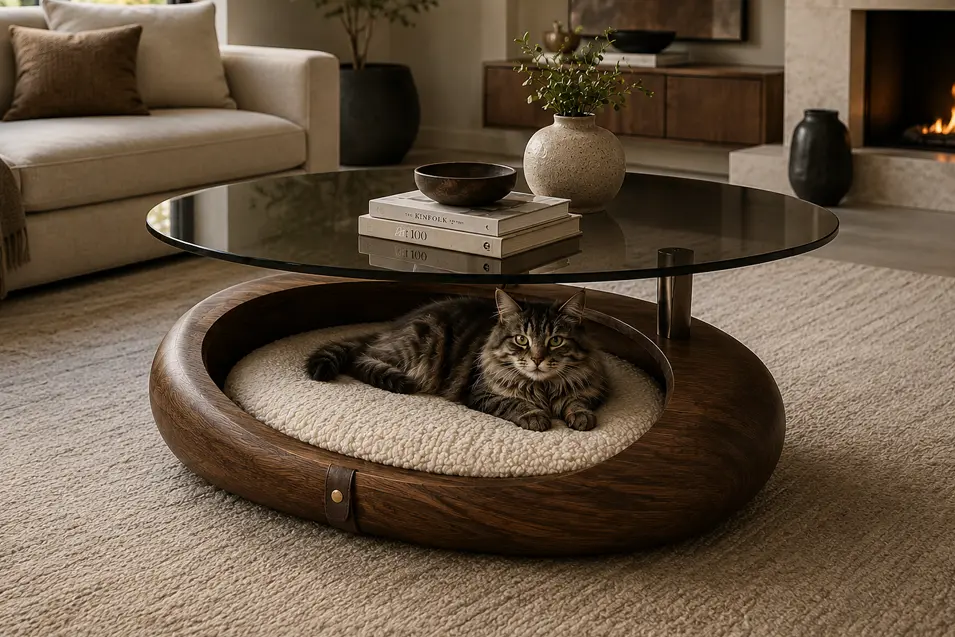 Round glass-top coffee table with an integrated cat bed, combining contemporary elegance and cozy pet comfort in a sophisticated modern living room.