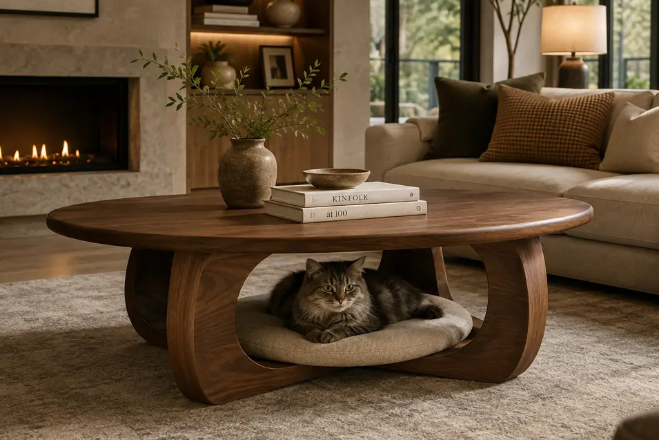 Round walnut coffee table with an open cat lounge beneath, combining sculptural modern design and cozy pet comfort in a warm, contemporary living room.