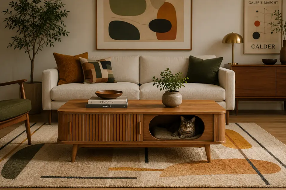 Mid-century modern coffee table with a hidden cat nook, fluted detailing, warm wood tones, and clean lines.