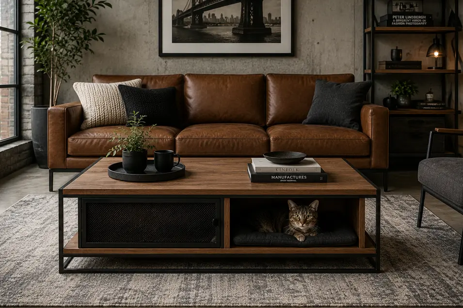 Industrial-style coffee table with a built-in cat lounge, combining warm walnut, black steel, and hidden storage in a sophisticated loft-inspired living room.