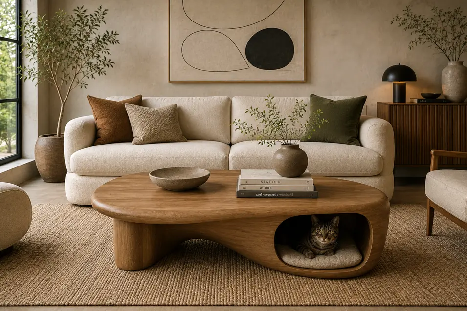 Organic modern coffee table with flowing curves and a discreet built-in cat retreat.