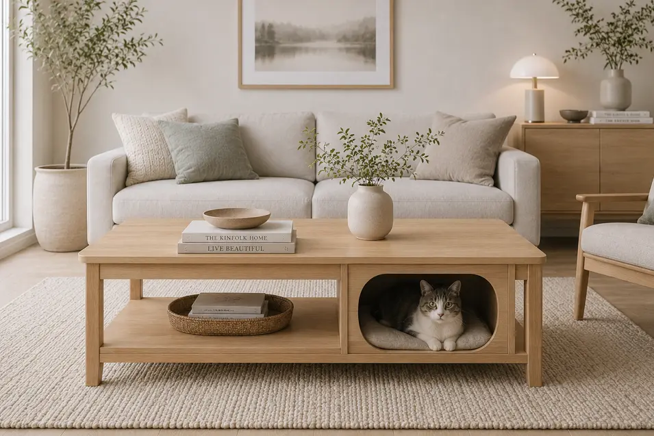 Light oak coffee table with a built-in cat hideaway, combining Scandinavian-inspired design, open storage, and pet-friendly function in a bright, airy living room.