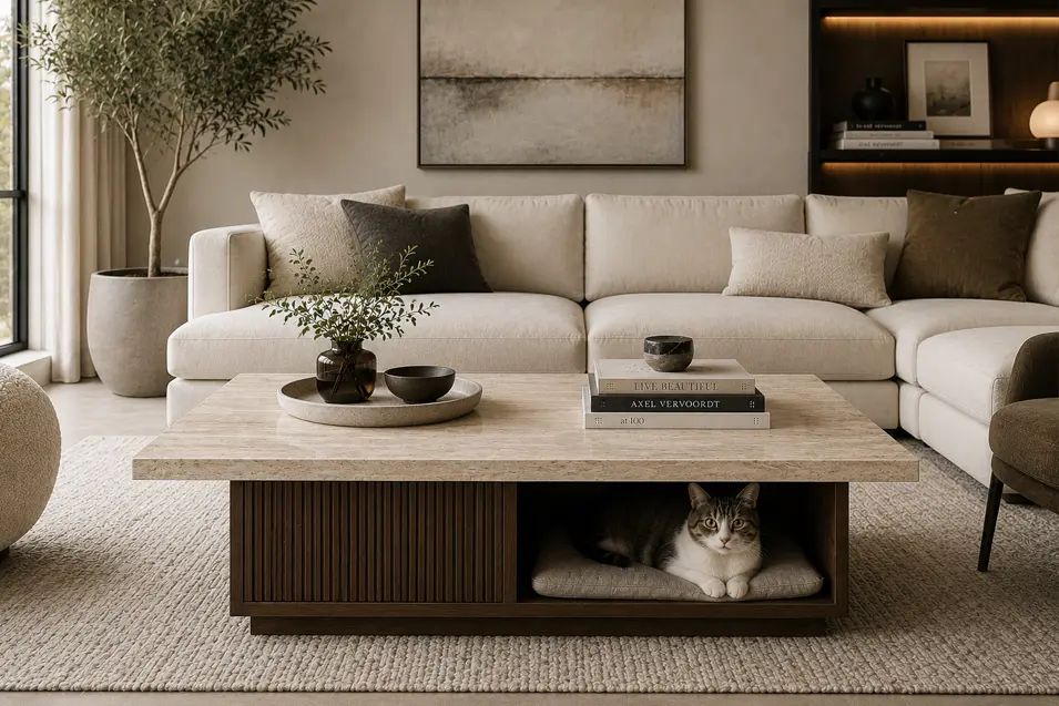 Modern marble-top coffee table with a built-in cat retreat, blending luxury materials, hidden pet space, and contemporary elegance in a sophisticated living room.