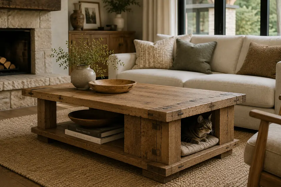 Rustic farmhouse coffee table with a built-in cat hideaway, crafted from reclaimed wood to blend cozy pet comfort with timeless handcrafted style.