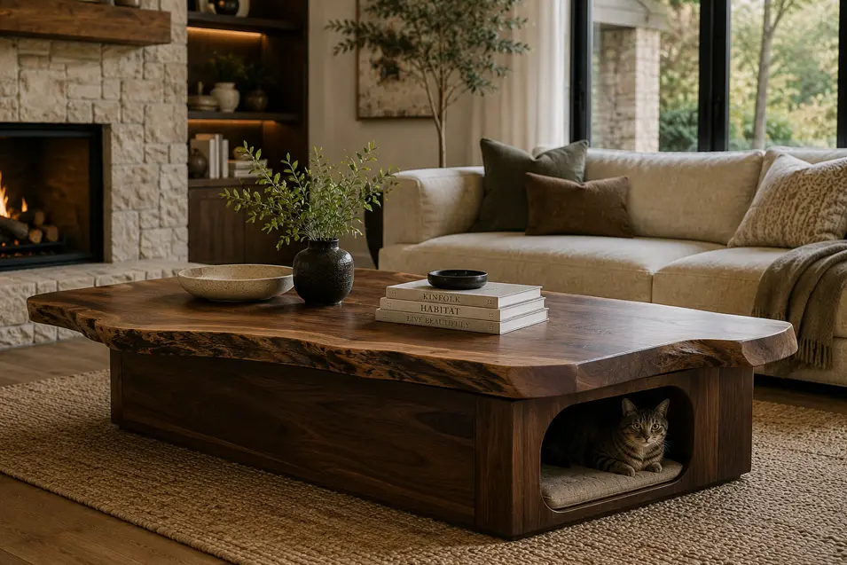 Live-edge walnut coffee table with a built-in cat hideaway, combining organic craftsmanship, modern design, and cozy pet comfort in a warm living room.
