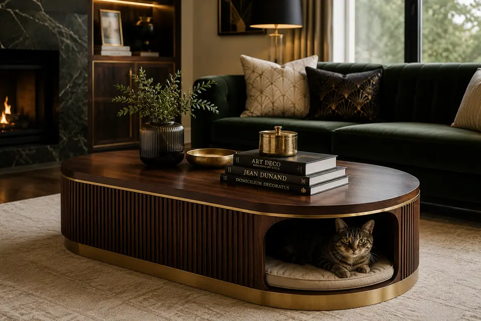 Elegant Art Deco coffee table with a built-in cat hideaway, featuring walnut, fluted detailing, and brass accents for luxurious pet-friendly living.