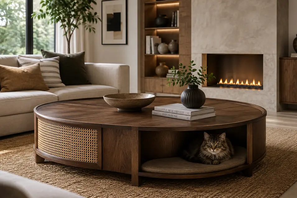 Modern round walnut coffee table with a hidden cat nook, blending elegant craftsmanship and pet-friendly design in a warm, contemporary living room.