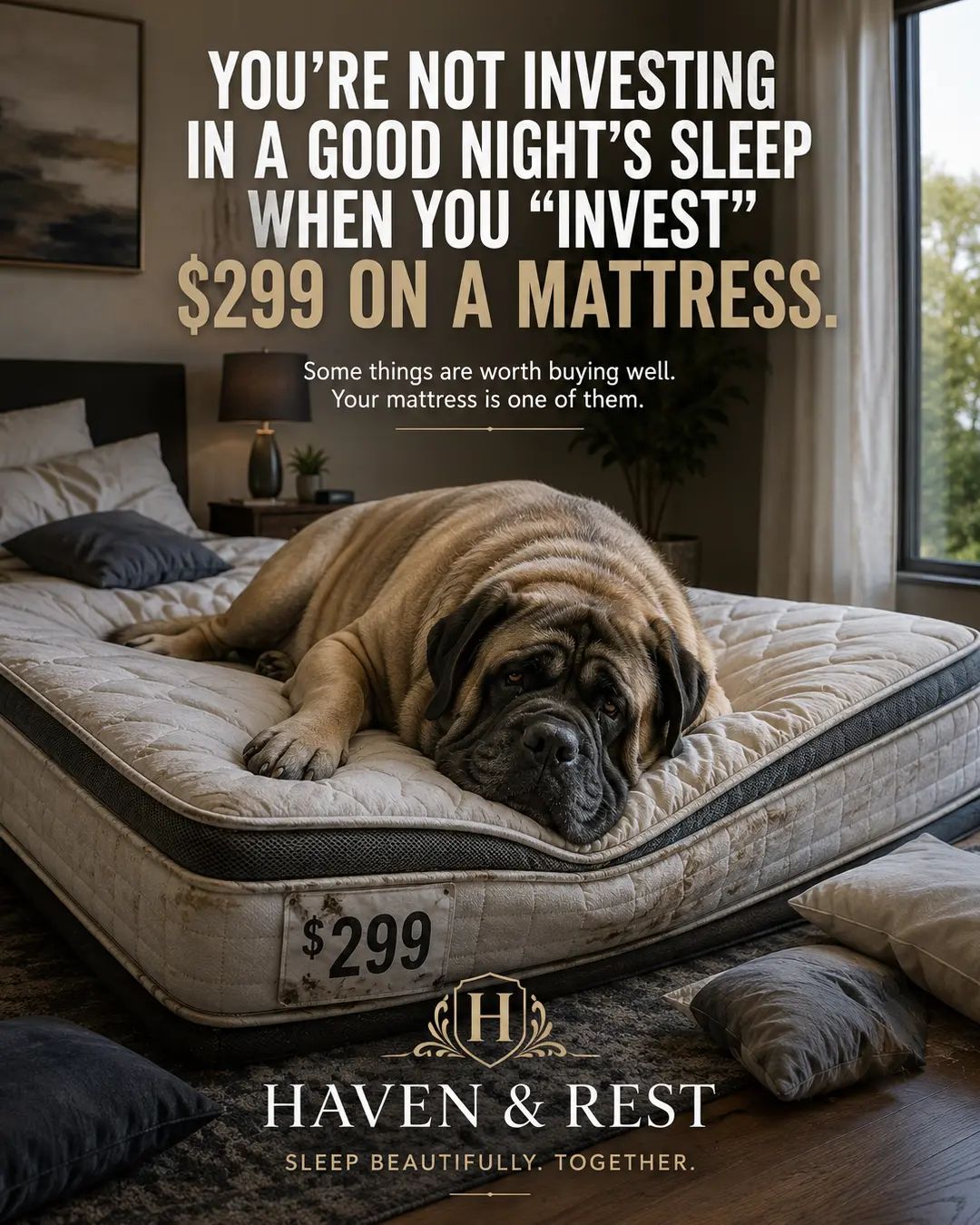 A Mastiff sprawls on a worn $299 mattress beneath an ad warning that a good night’s sleep is worth investing in.