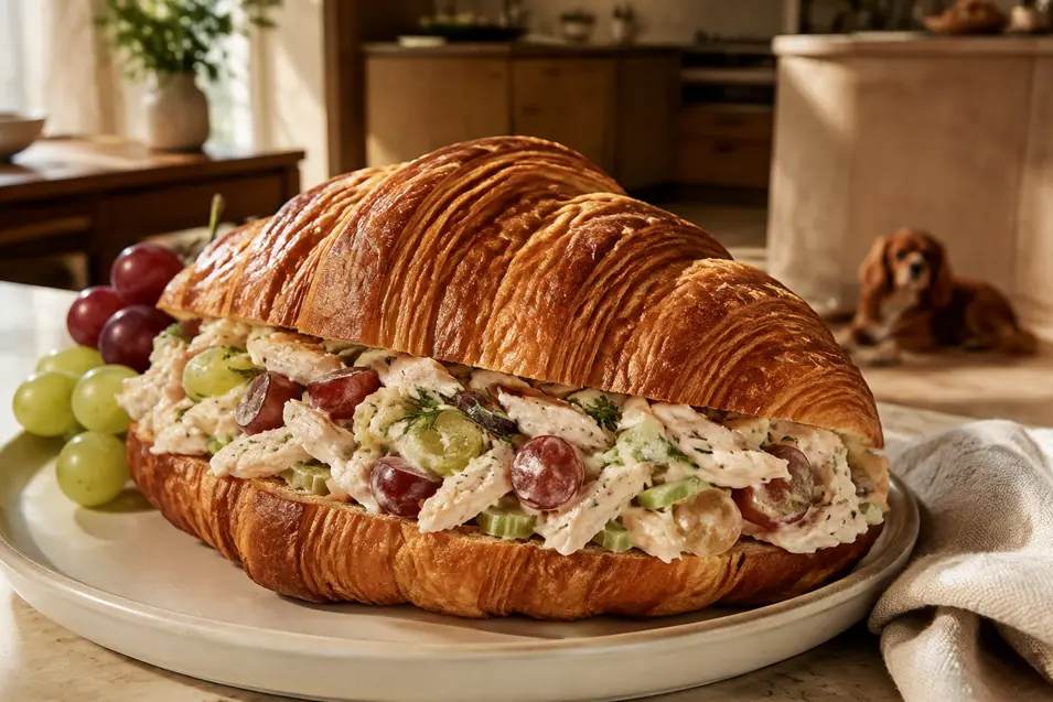 A flaky croissant filled with creamy chicken salad, grapes, celery and herbs sits in the foreground while a Cavalier rests nearby.