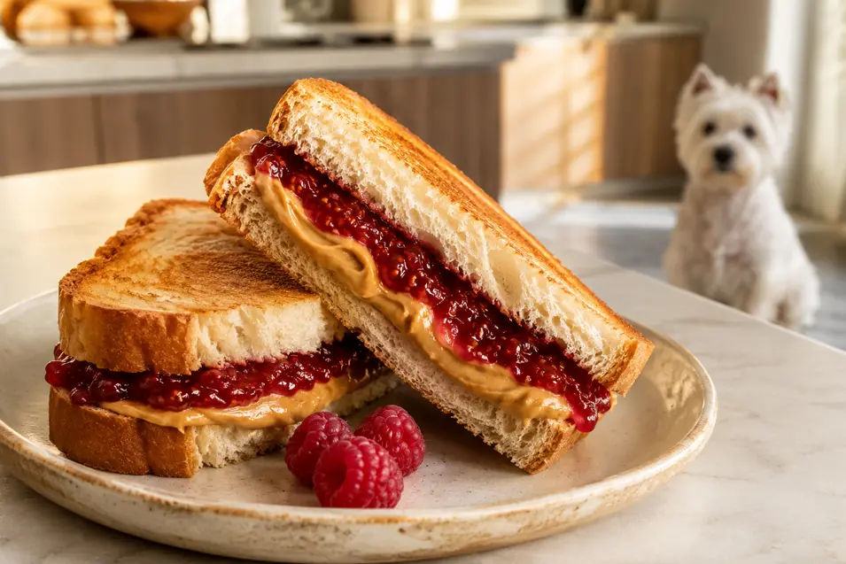 A toasted peanut butter and raspberry jam sandwich is stacked on a ceramic plate with fresh berries while a Westie watches from the kitchen.