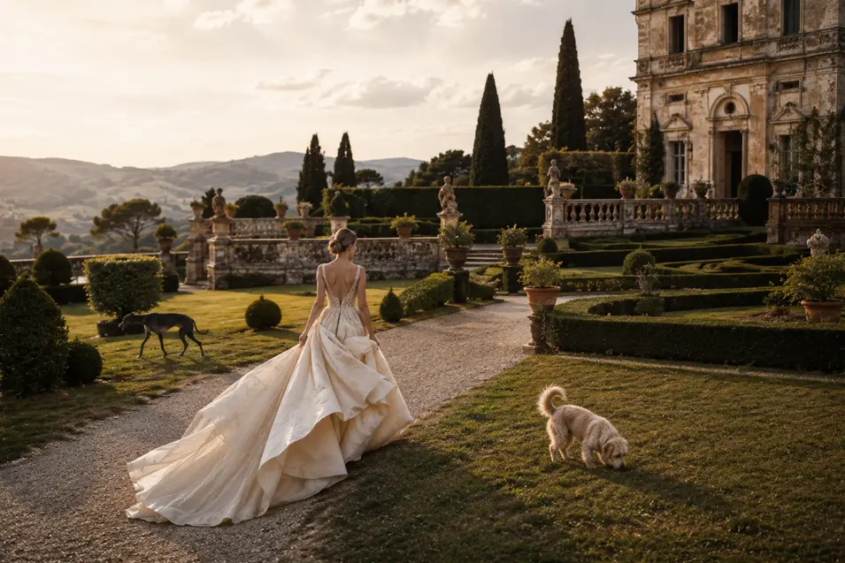 A bride in a flowing ivory gown strolls through a grand Italian villa garden at golden hour as two dogs explore the manicured grounds.