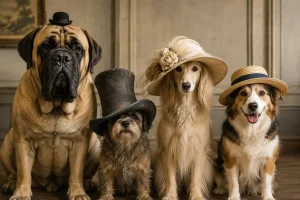 Four dogs in whimsical hats pose together for a charming vintage-style group portrait, from a tiny bowler to an oversized top hat.