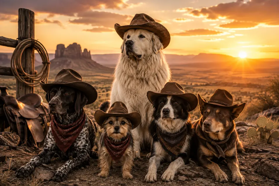 Five cowboy dogs in Western hats and bandanas pose beside a saddle at sunset, overlooking a dramatic desert landscape.