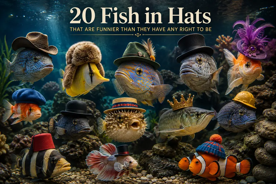 A playful underwater collage features fish wearing cowboy, top, winter, beret, crown and other hats beneath the title “20 Fish in Hats.”
