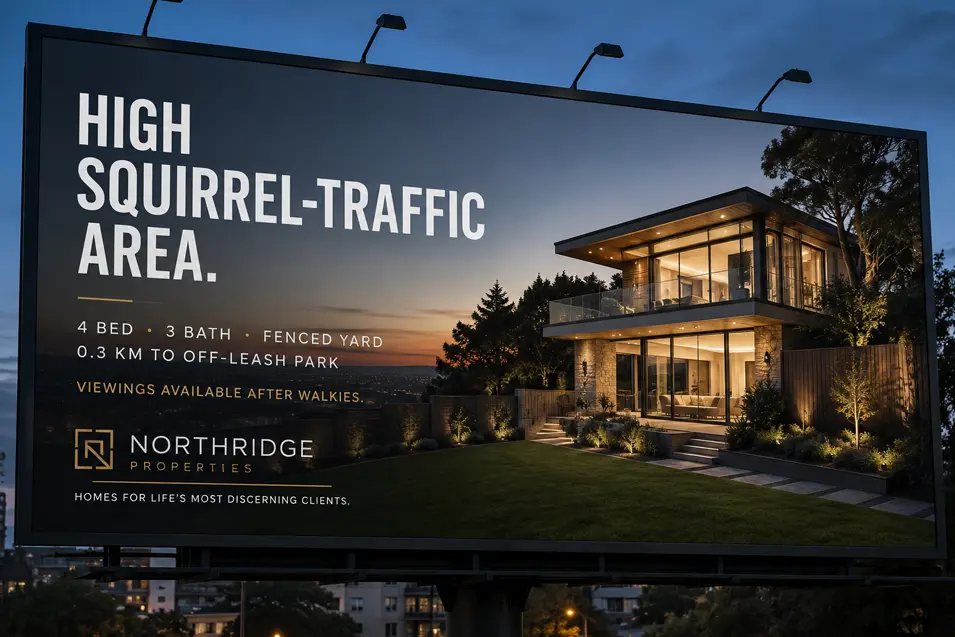 Luxury real estate billboard showcases a modern hillside home, highlighting pet-friendly features with the playful slogan “High Squirrel-Traffic Area.”